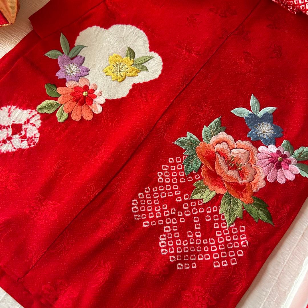 七五三 3歳 フルセット 着物 正絹 総絞り 被布 刺繍 三歳 赤 草履 753