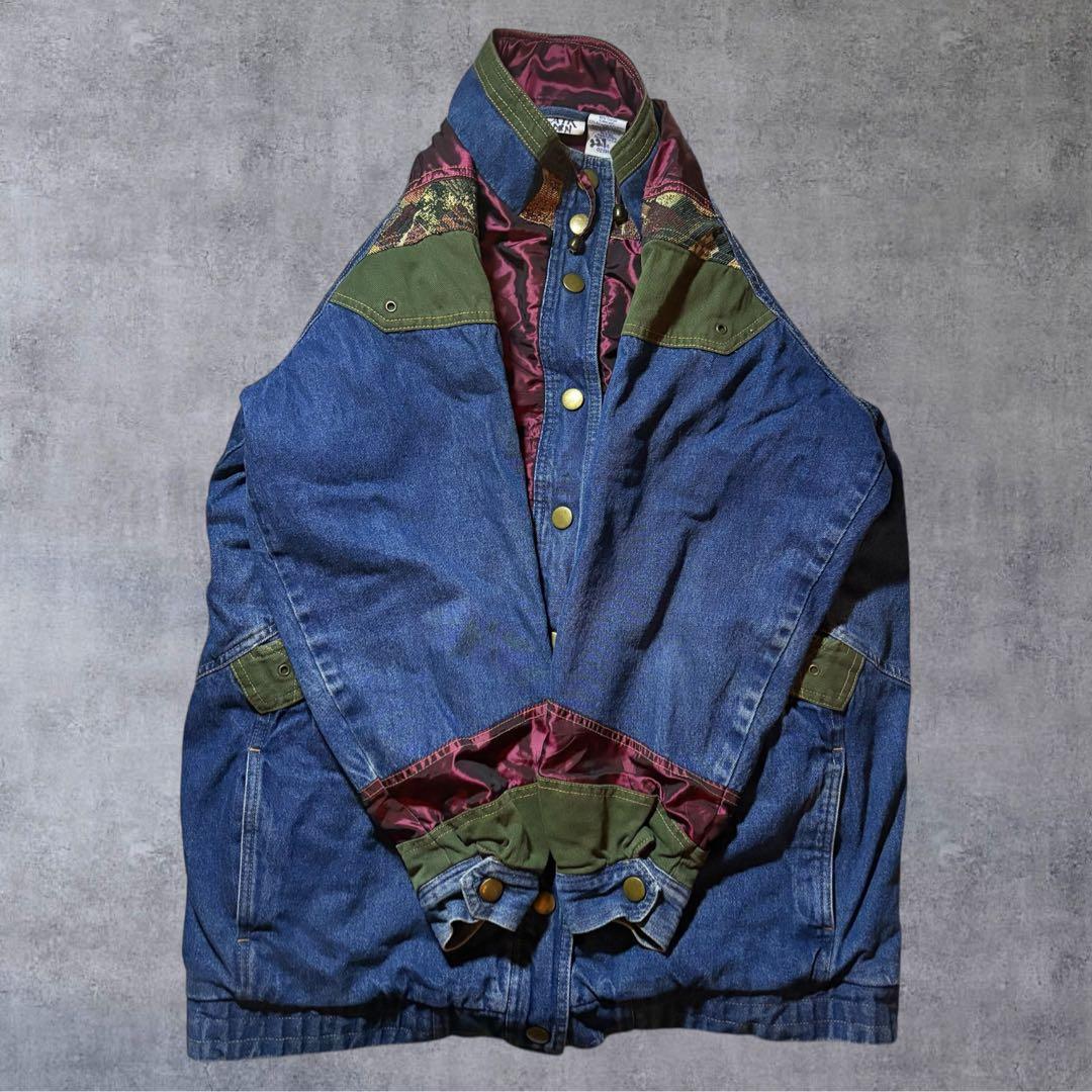 希少 90sBLAIRデニムジャケット ゴブラン織×玉虫色ナイロン 切替 L相当