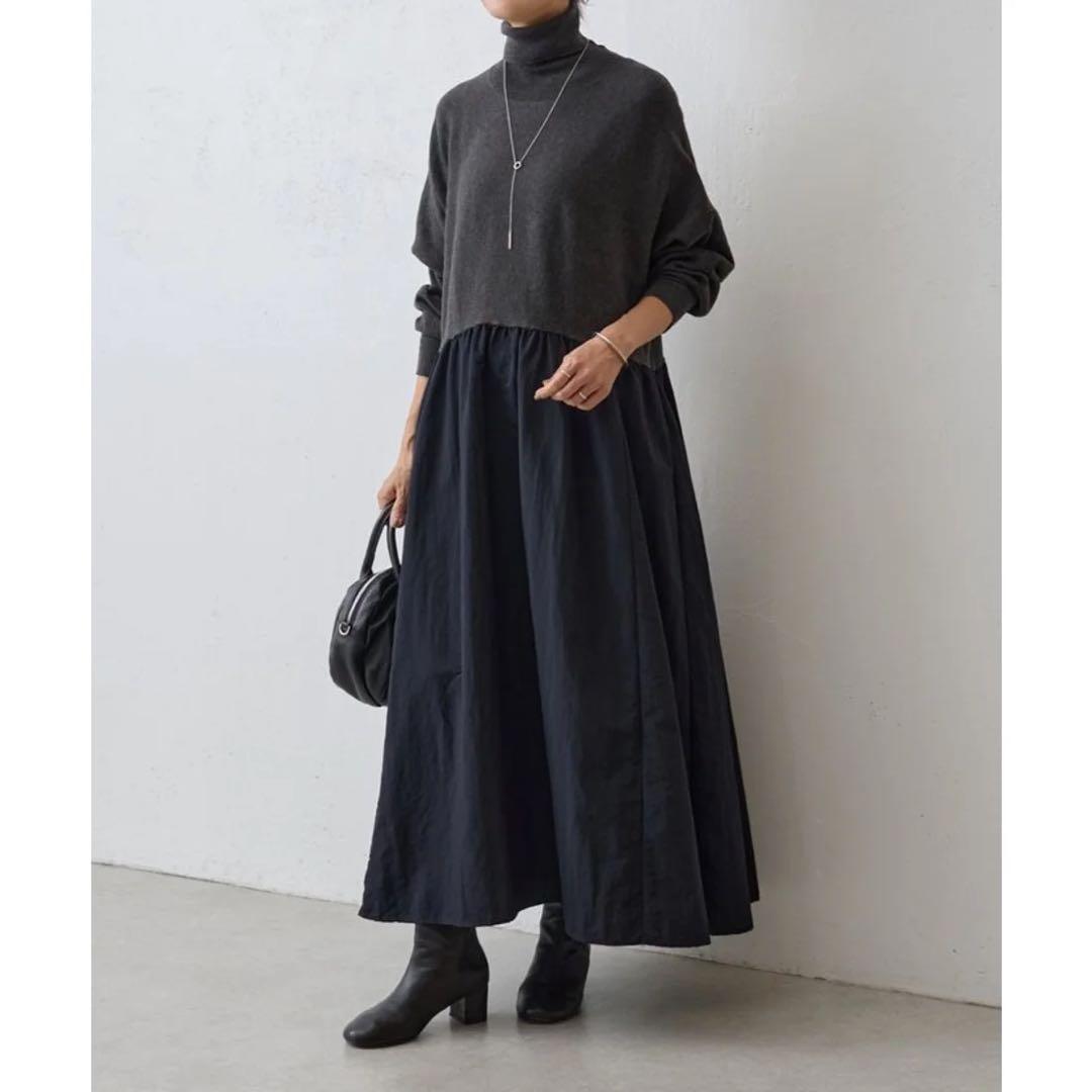 美品／BEARDSLEY ビアズリー　ニットコンビギャザーワンピース　ハイネック