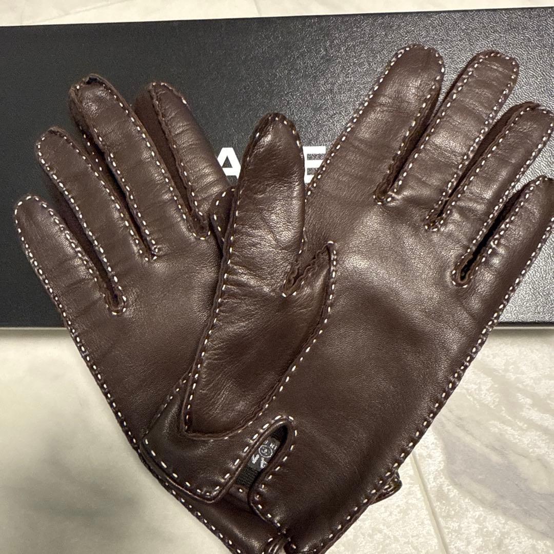 CHANEL ブラウンレザー手袋 CCロゴ刺繍