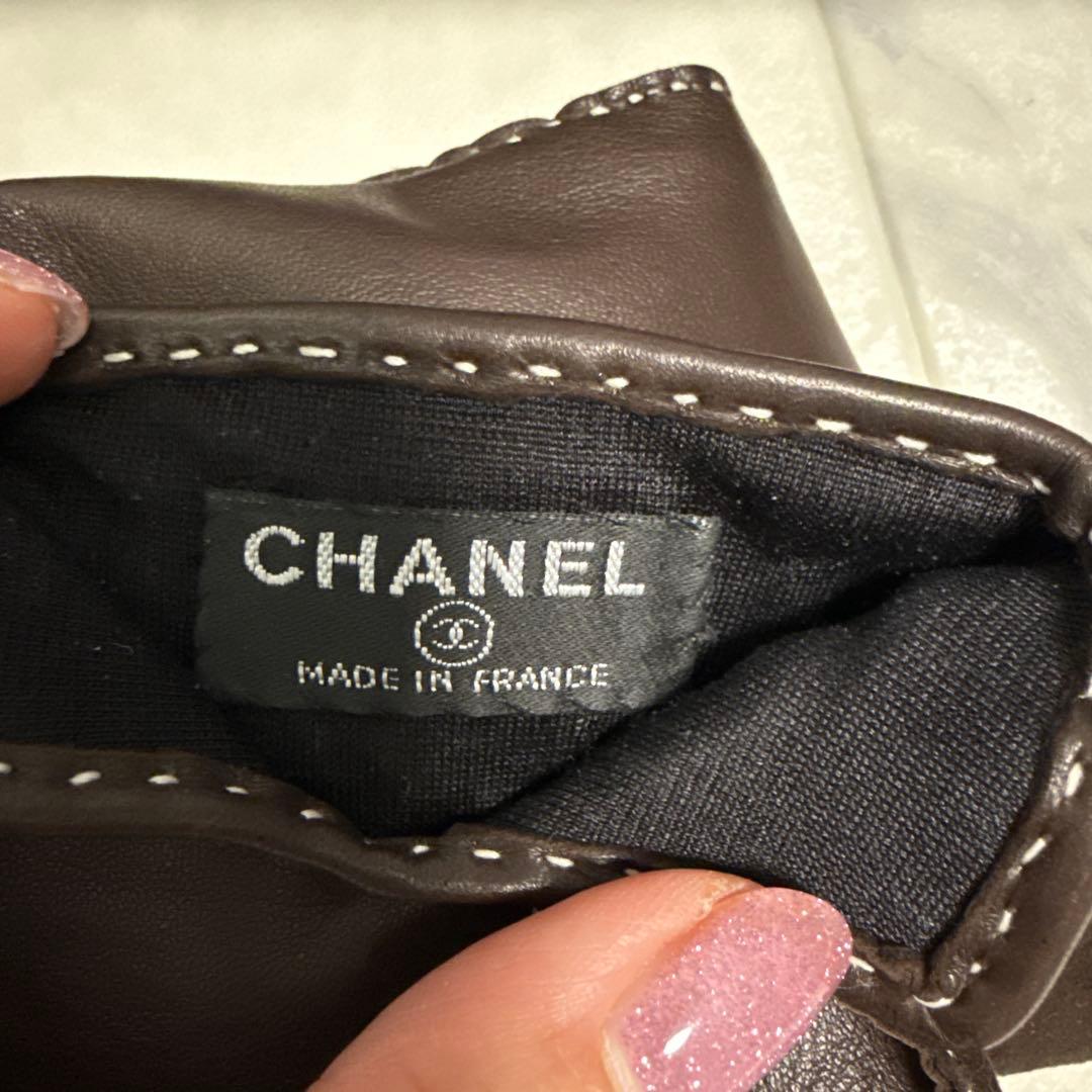 CHANEL ブラウンレザー手袋 CCロゴ刺繍