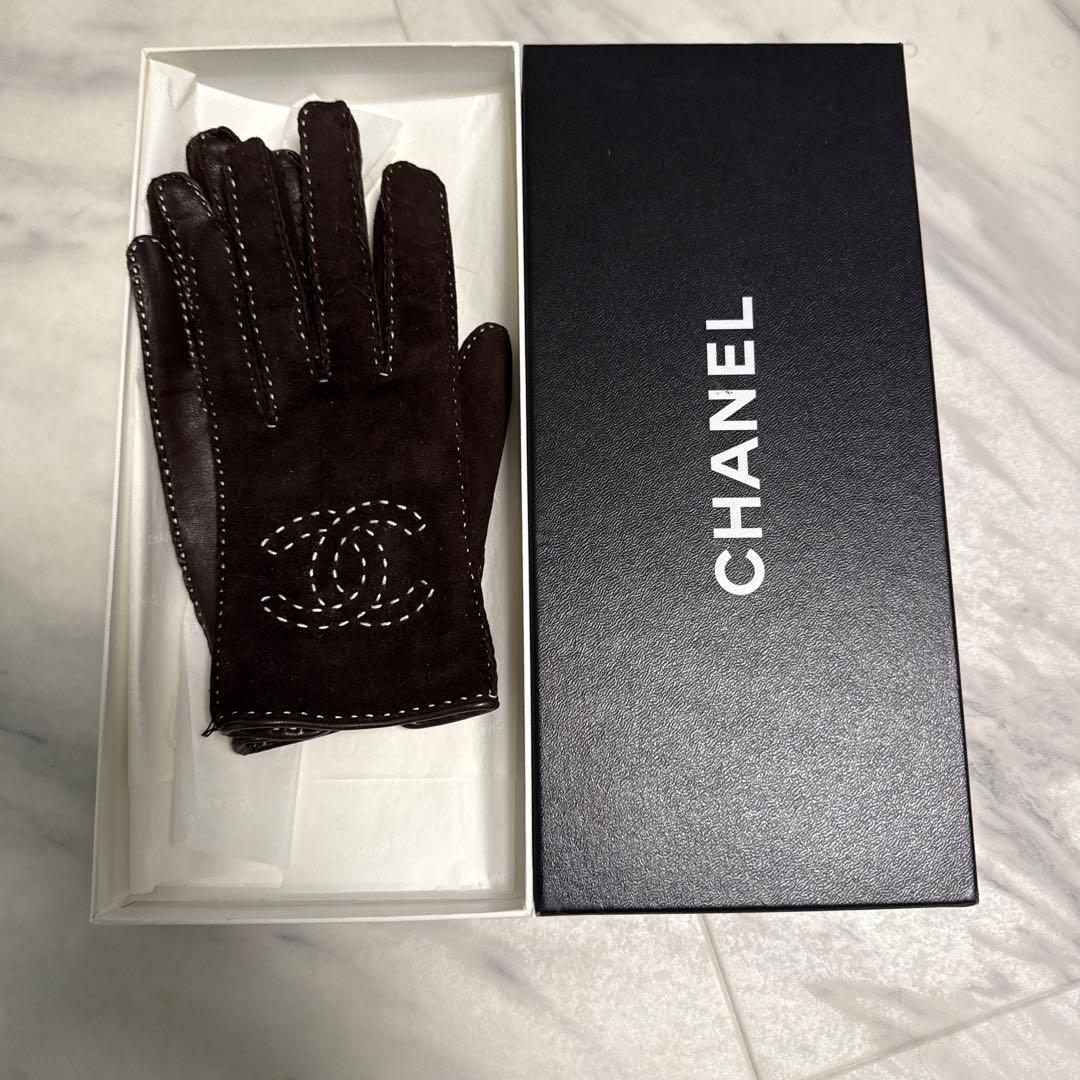 CHANEL ブラウンレザー手袋 CCロゴ刺繍