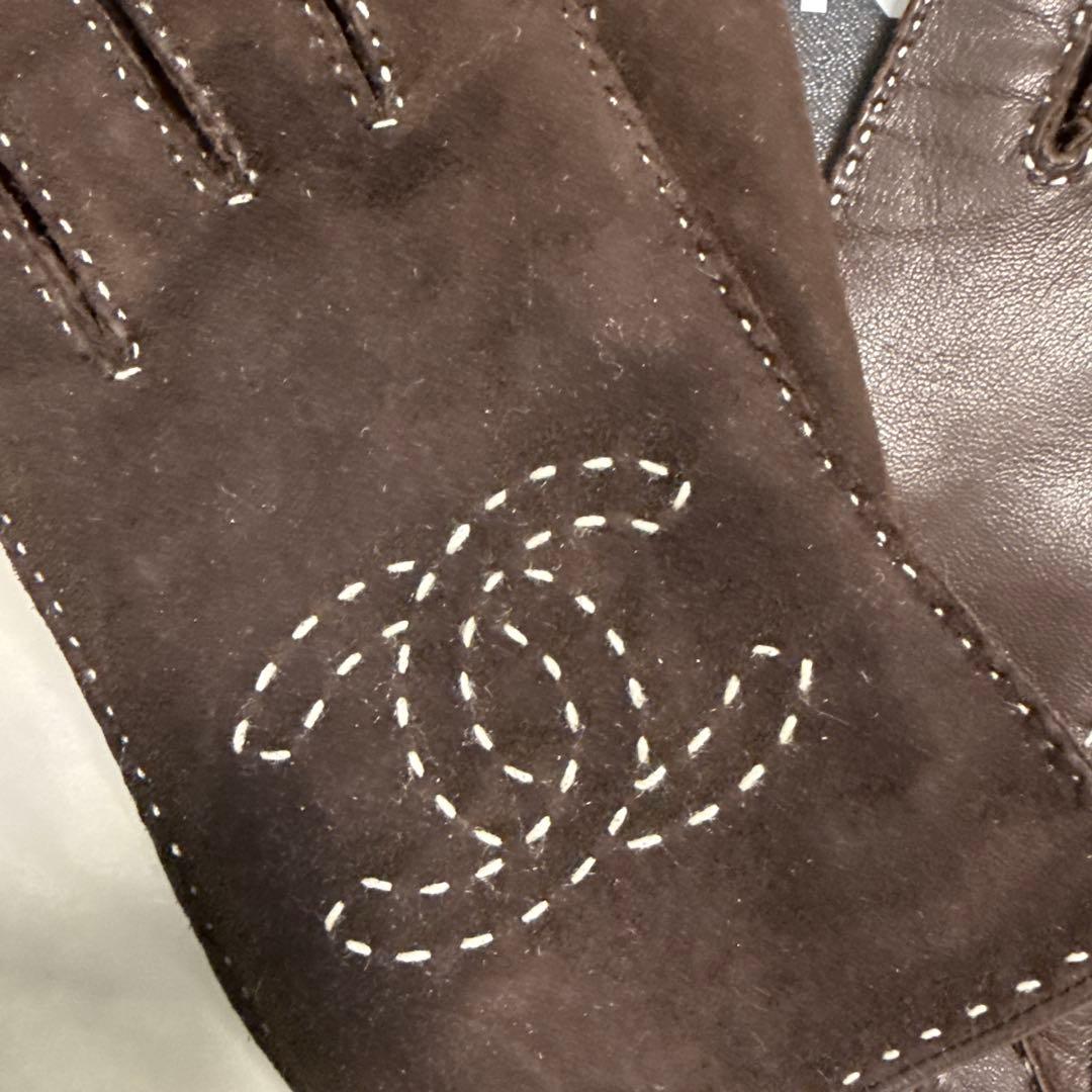 CHANEL ブラウンレザー手袋 CCロゴ刺繍