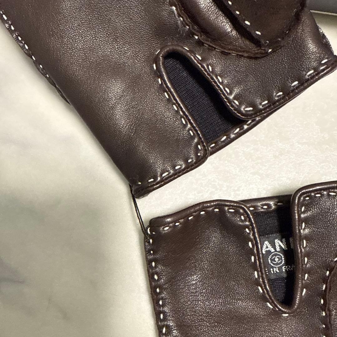 CHANEL ブラウンレザー手袋 CCロゴ刺繍