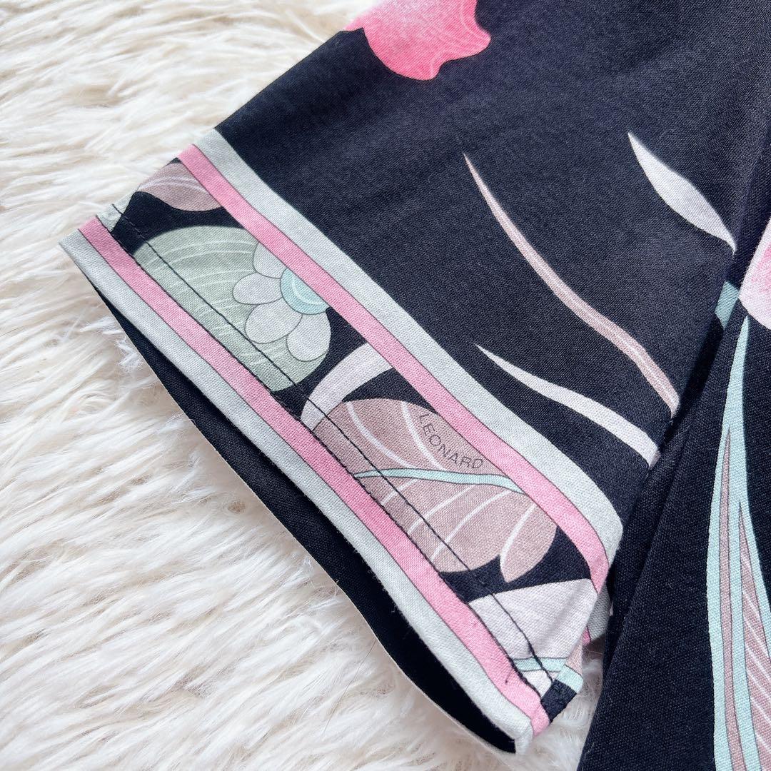 極美品✨レオナール 半袖カットソー 総柄 花柄 トリム LL