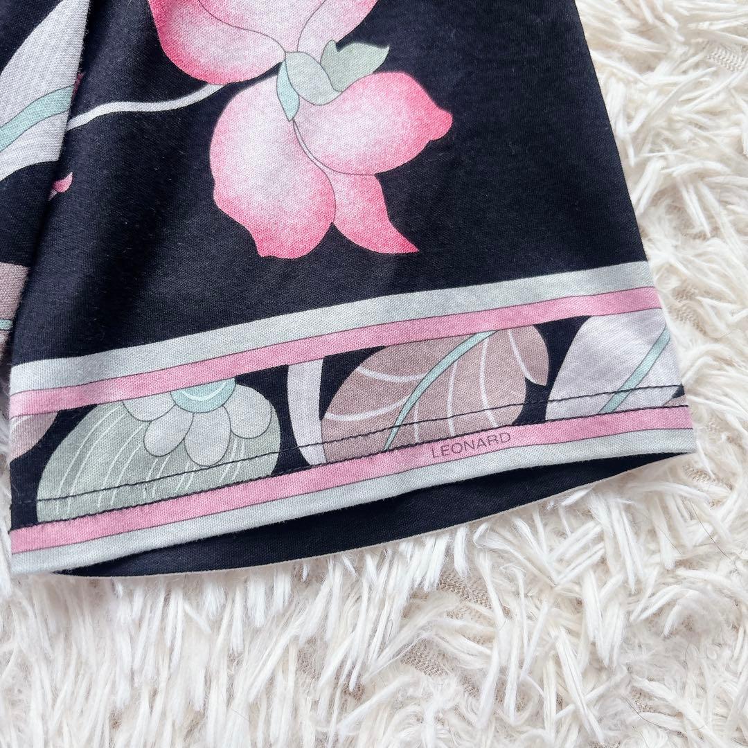 極美品✨レオナール 半袖カットソー 総柄 花柄 トリム LL