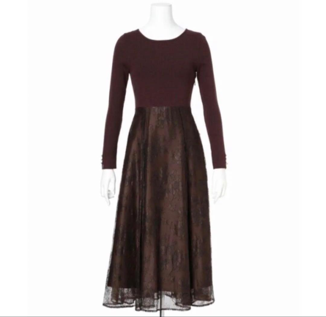 【新品未使用】アプワイザーリッシェ　華奢レースドッキングニットワンピース　コゲ茶