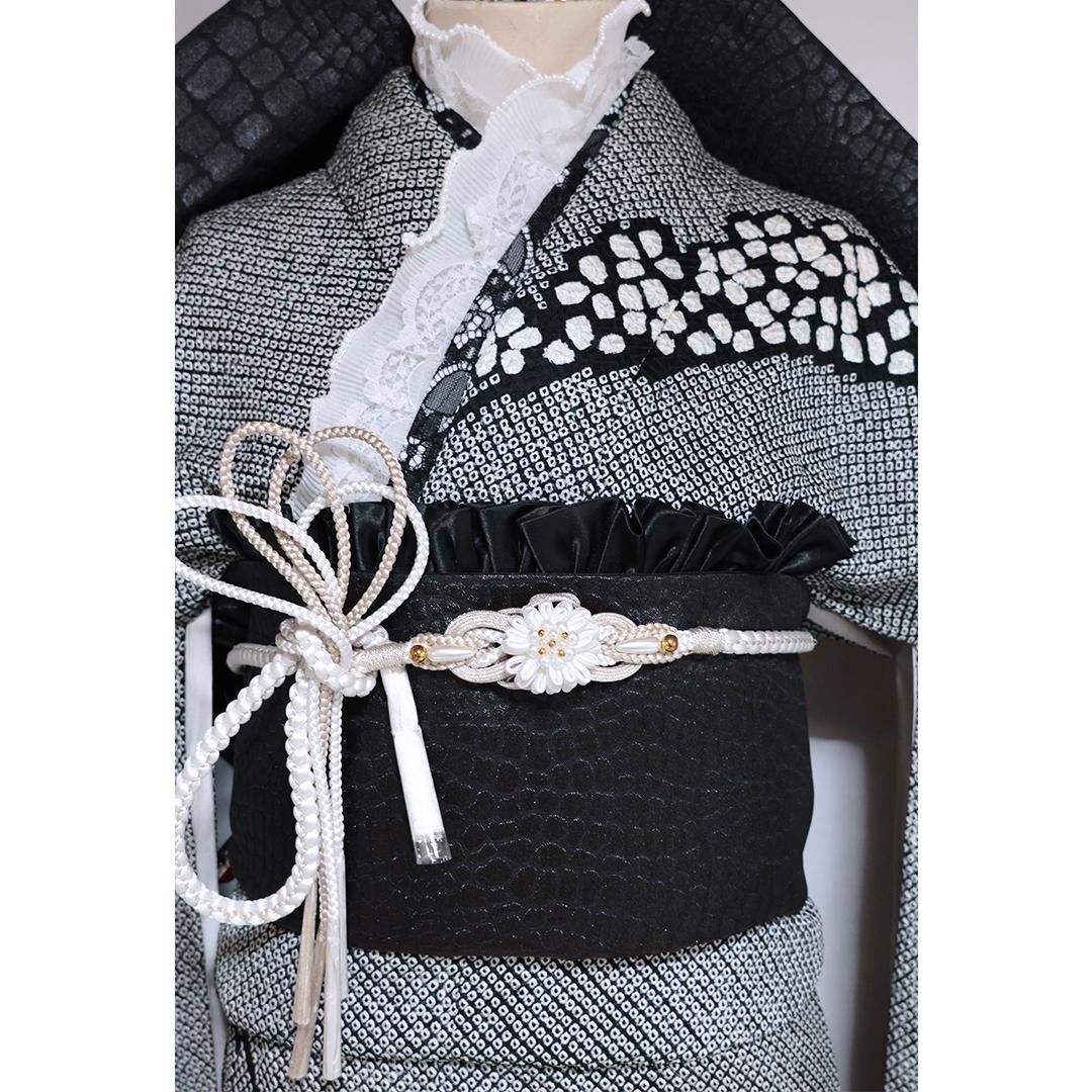 成人式直前SALE！良好！豪華黒×白 総絞り正絹振袖7点セットフルセットSG15