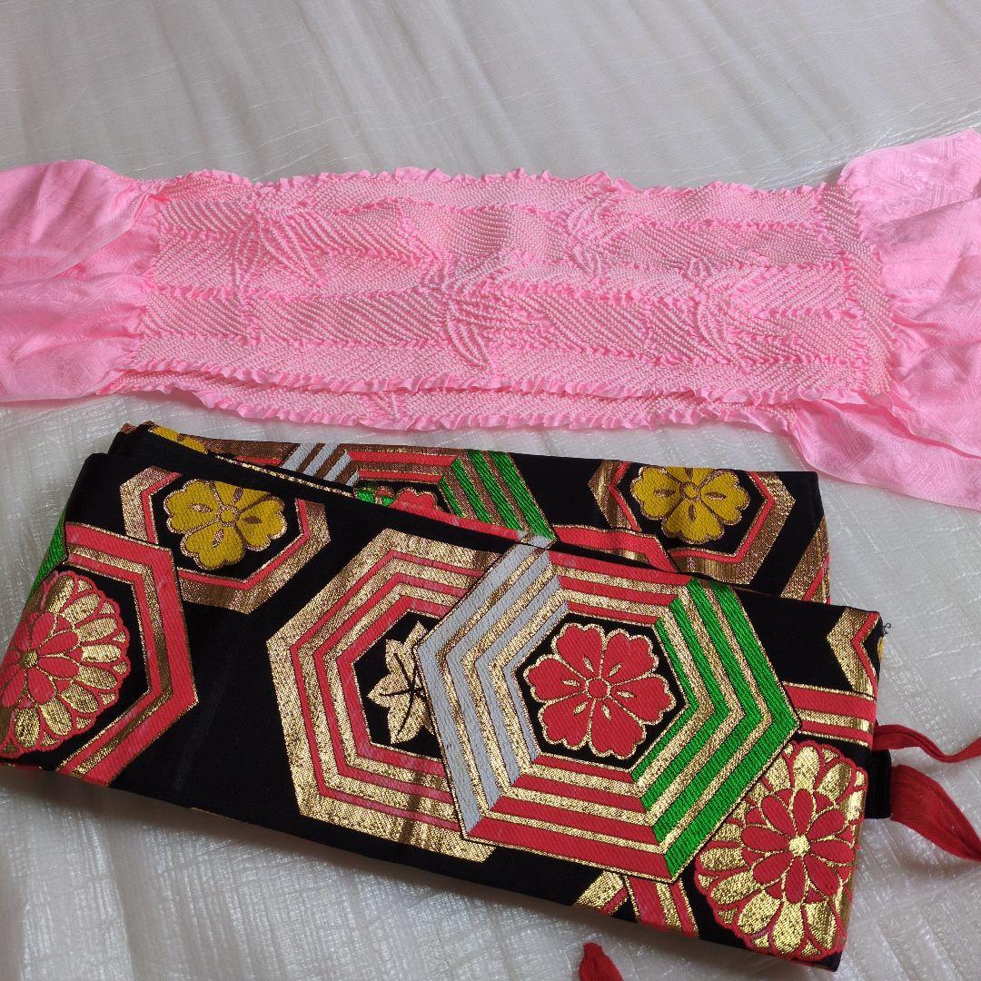 七五三７歳赤色総絞りのお着物と作り帯、帯揚げ帯締めとしごきのセット（長襦袢付き）