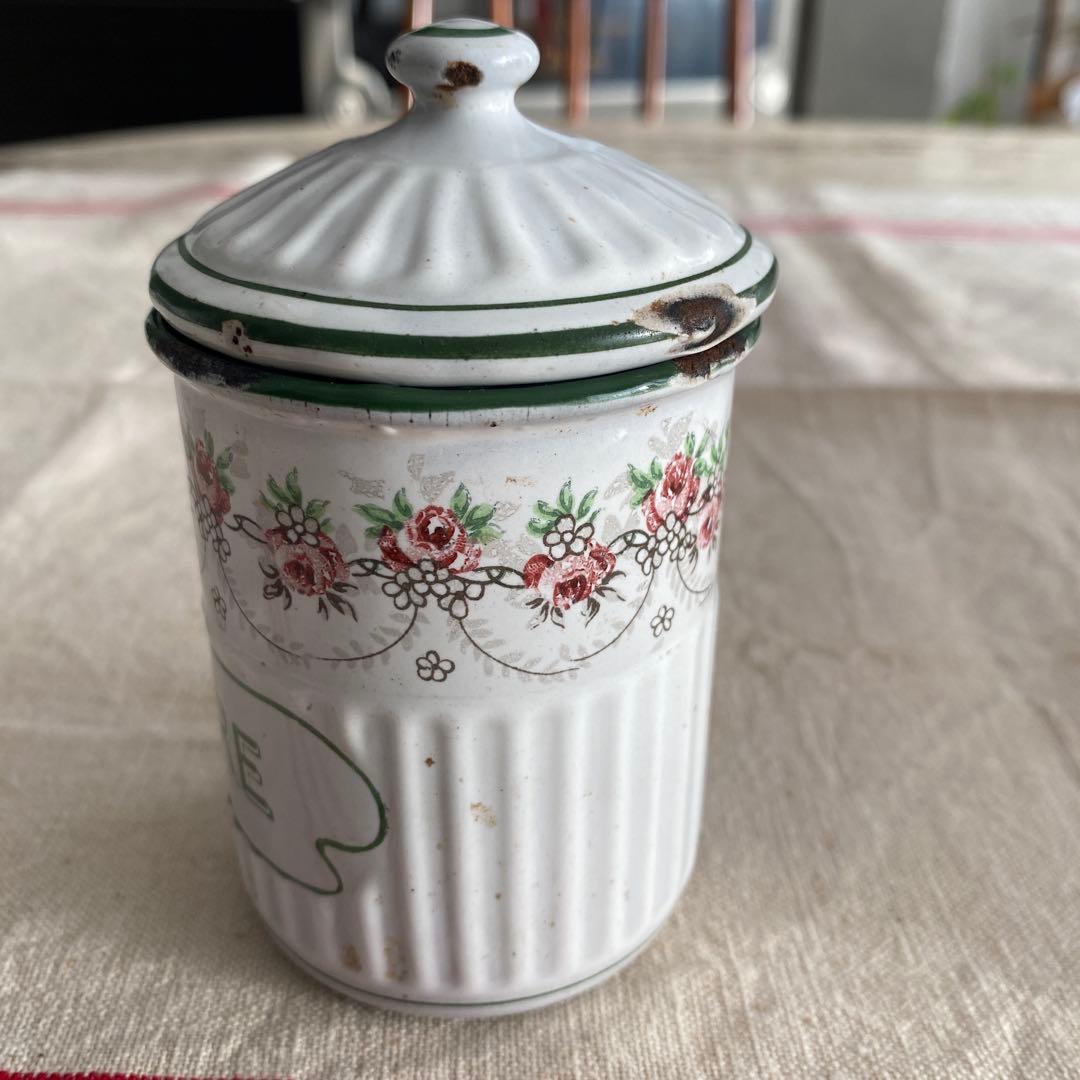 フランスアンティーク ホーロー キャニスター 【白】 ホワイトローズバンド