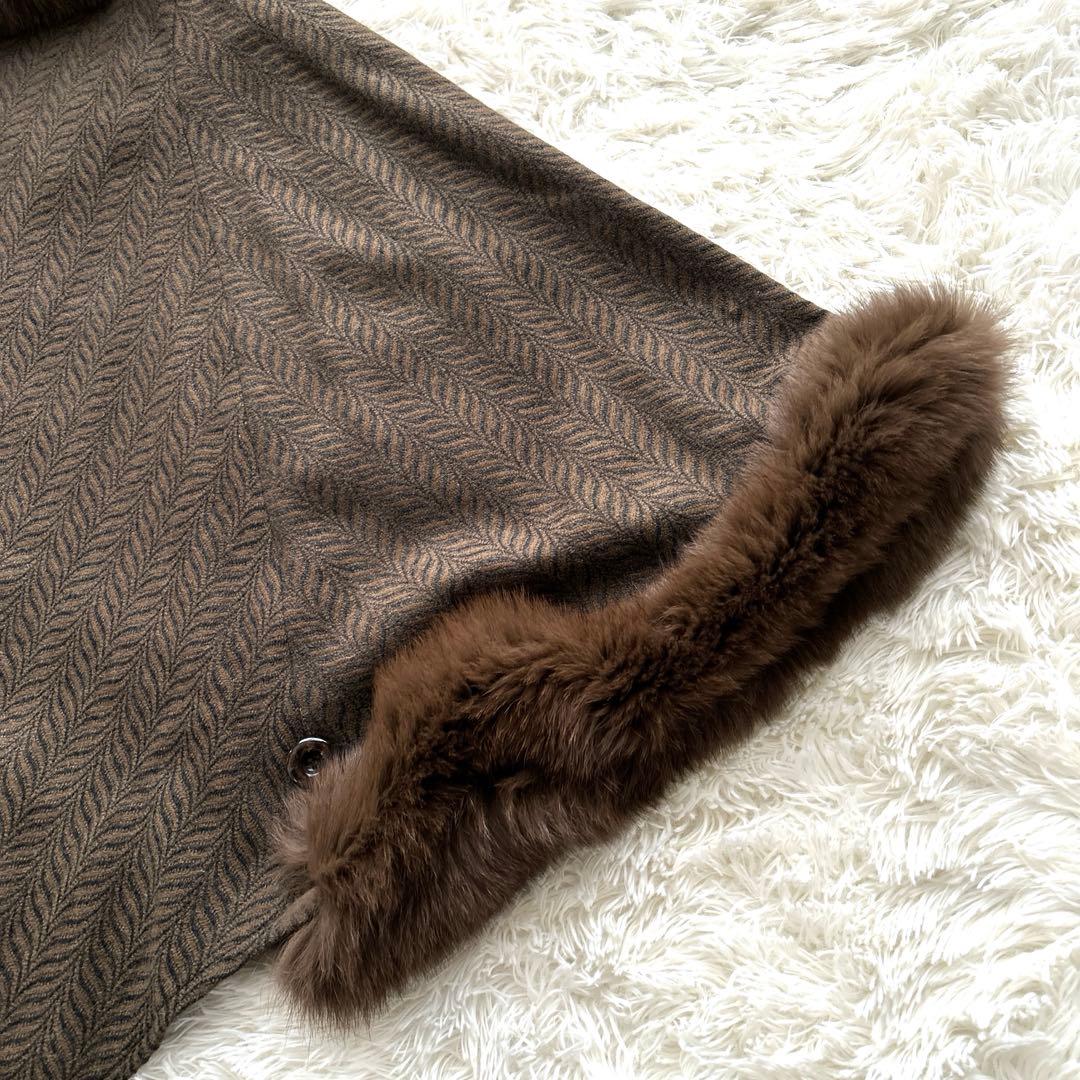 カシミヤ100% ヘリンボーン柄 ファー付ブラウンポンチョ 中柄 Fサイズ