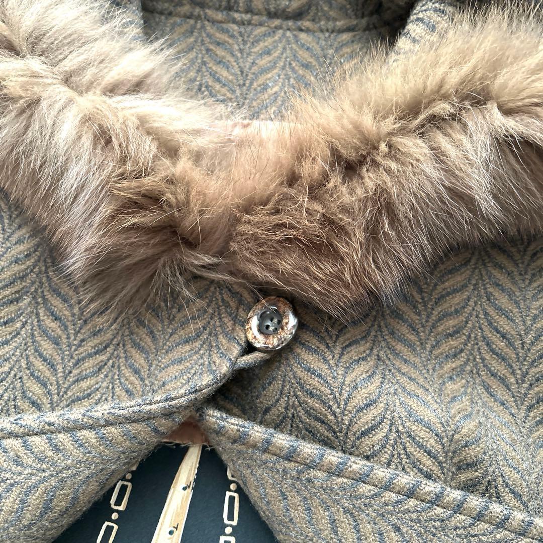 カシミヤ100% ヘリンボーン柄 ファー付ブラウンポンチョ 中柄 Fサイズ