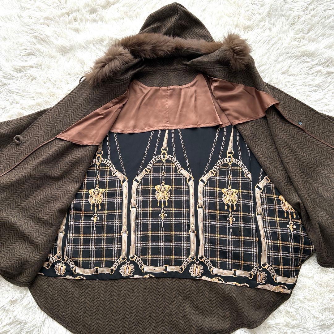 カシミヤ100% ヘリンボーン柄 ファー付ブラウンポンチョ 中柄 Fサイズ