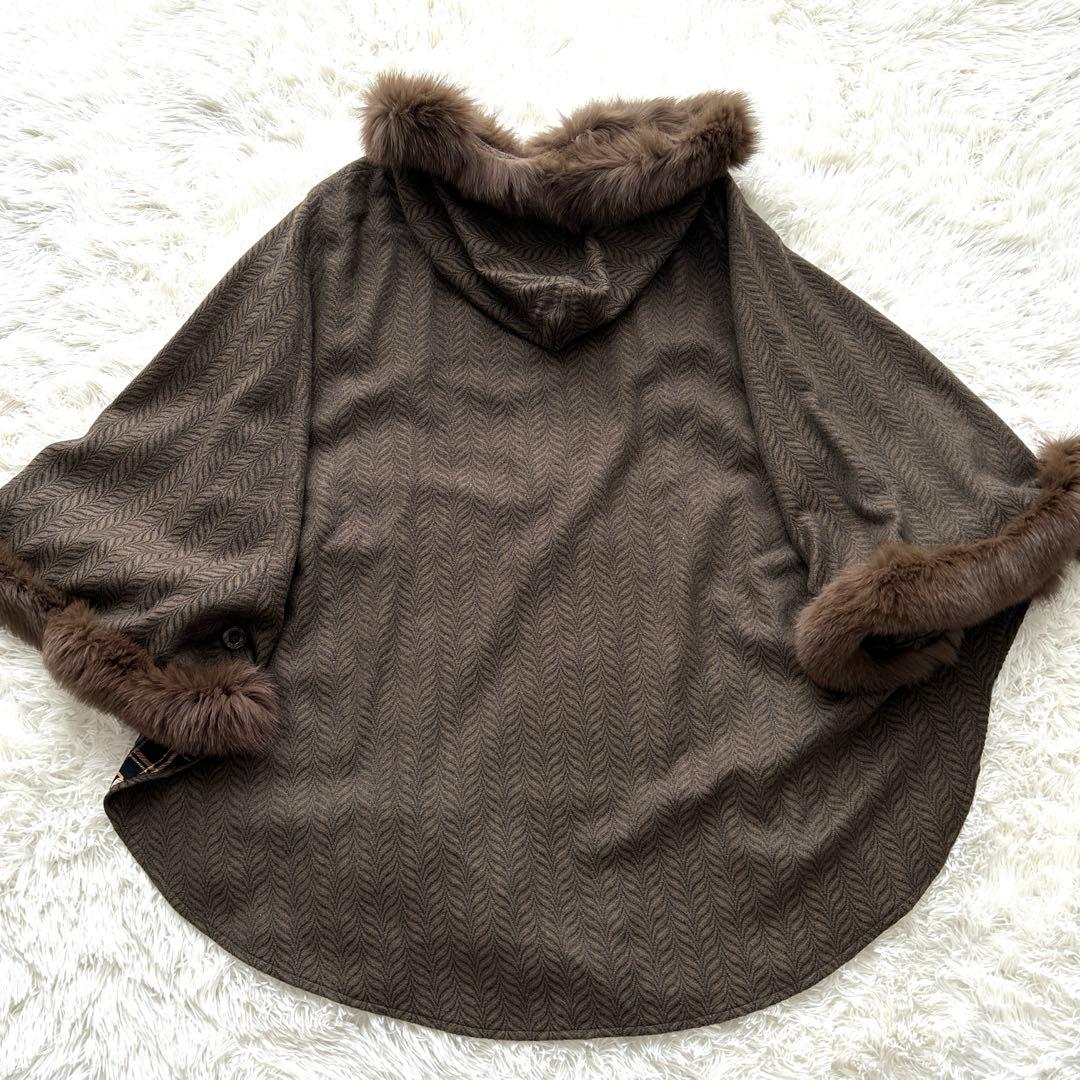 カシミヤ100% ヘリンボーン柄 ファー付ブラウンポンチョ 中柄 Fサイズ
