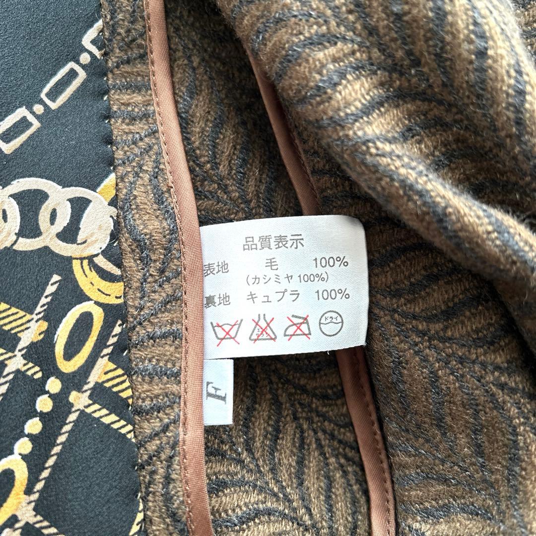 カシミヤ100% ヘリンボーン柄 ファー付ブラウンポンチョ 中柄 Fサイズ