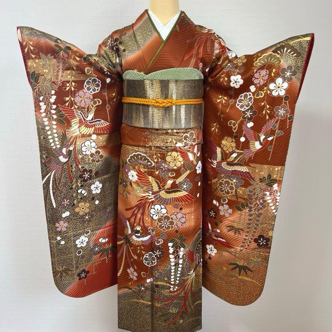 485 振袖フルセット 正絹 赤茶 テラコッタ 金彩 駒刺繍 暈し染め