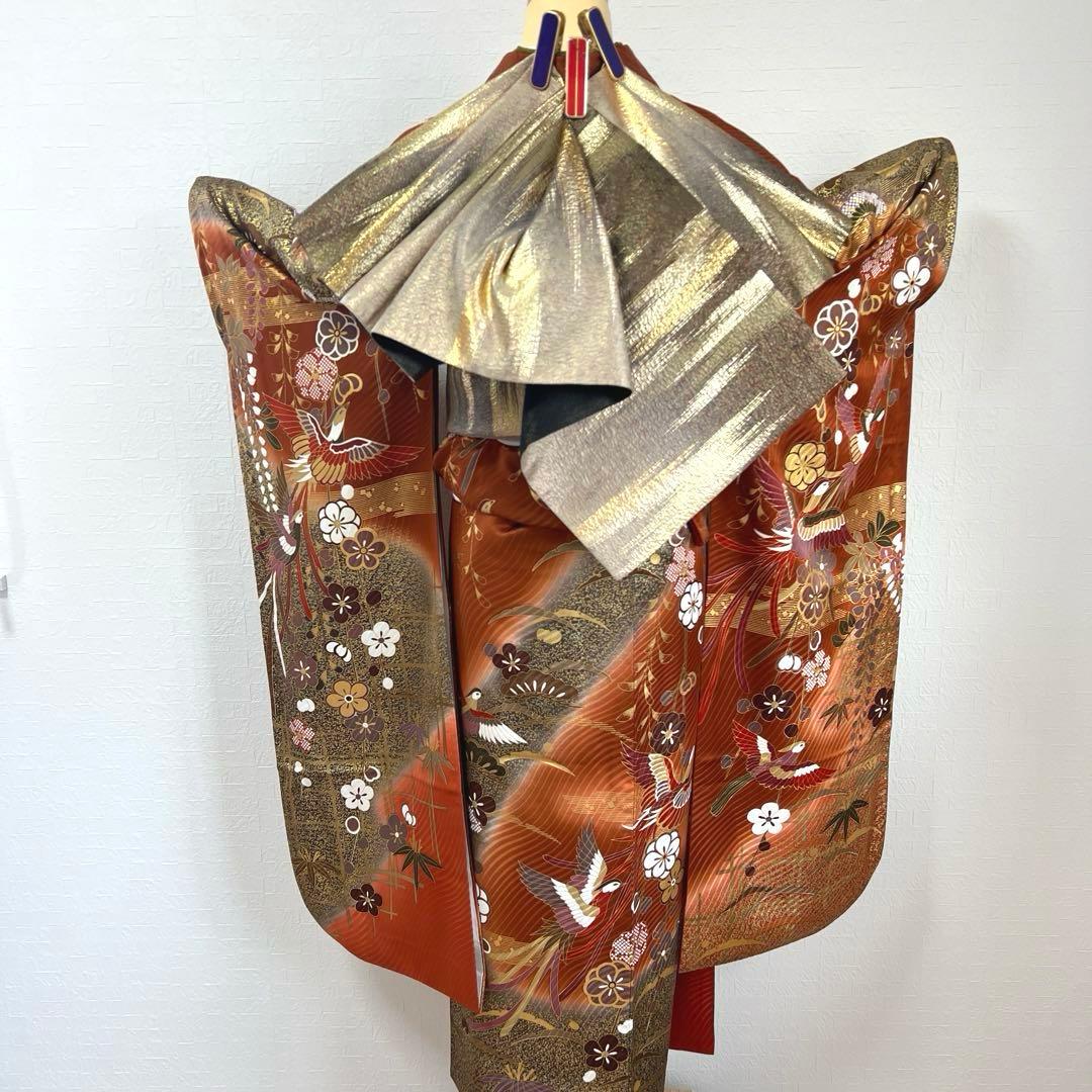 485 振袖フルセット 正絹 赤茶 テラコッタ 金彩 駒刺繍 暈し染め