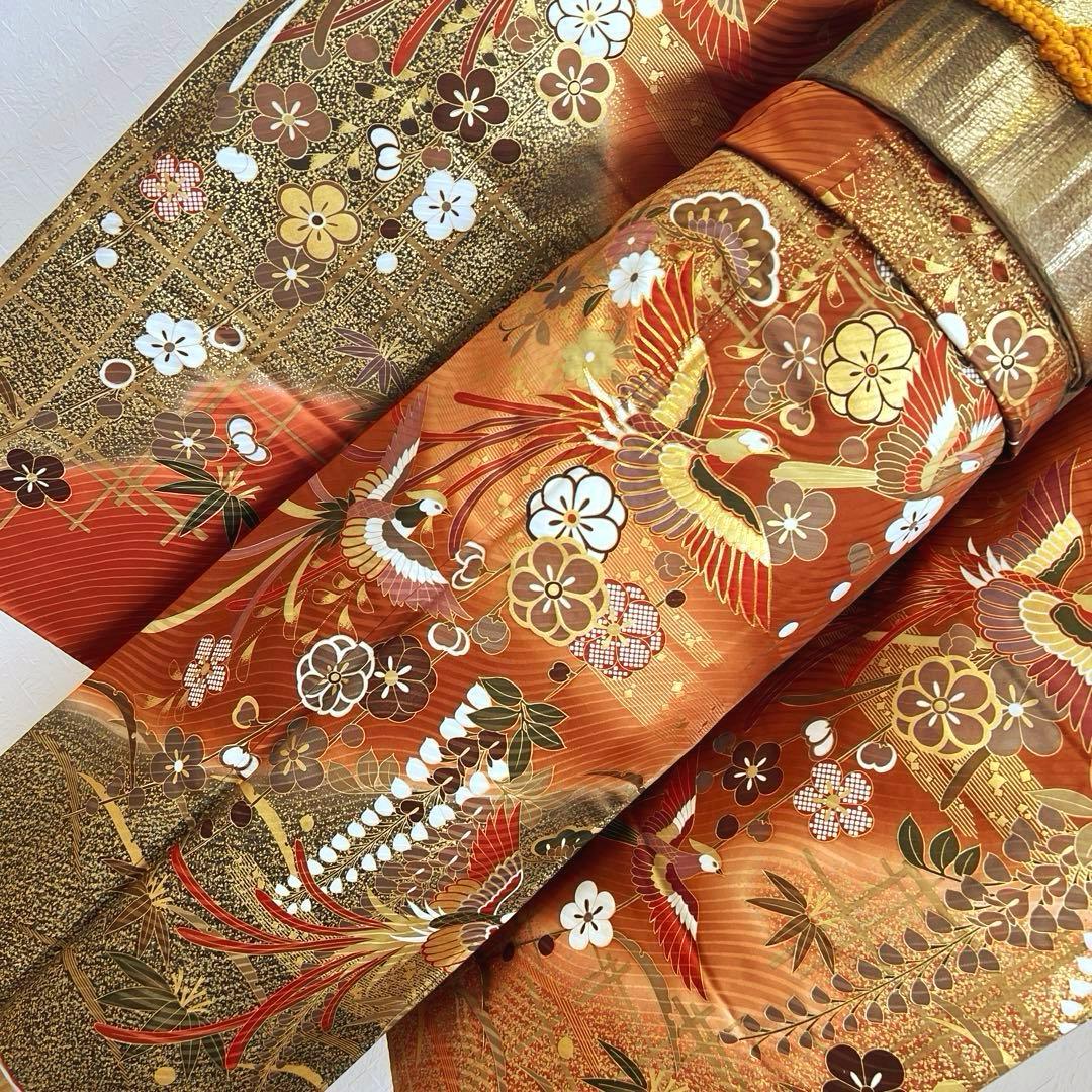 485 振袖フルセット 正絹 赤茶 テラコッタ 金彩 駒刺繍 暈し染め
