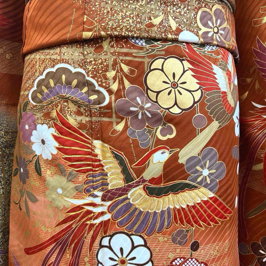 485 振袖フルセット 正絹 赤茶 テラコッタ 金彩 駒刺繍 暈し染め