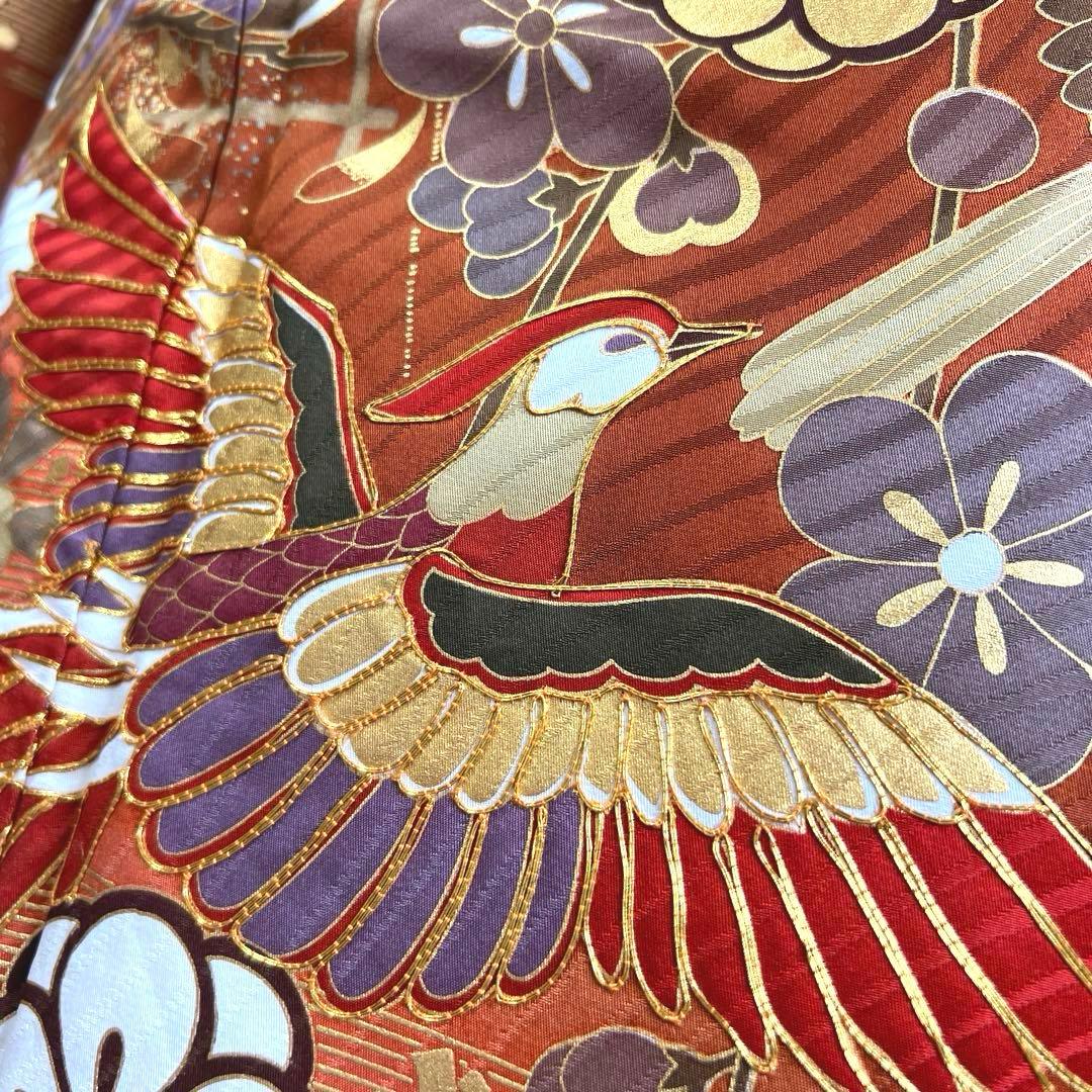 485 振袖フルセット 正絹 赤茶 テラコッタ 金彩 駒刺繍 暈し染め
