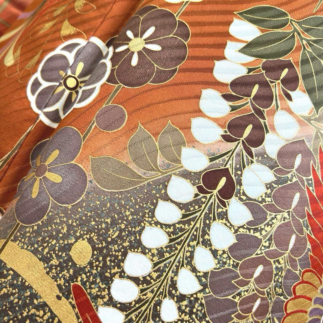 485 振袖フルセット 正絹 赤茶 テラコッタ 金彩 駒刺繍 暈し染め