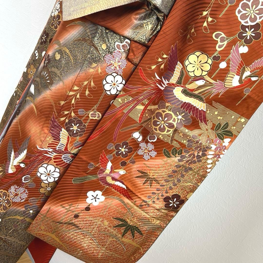 485 振袖フルセット 正絹 赤茶 テラコッタ 金彩 駒刺繍 暈し染め