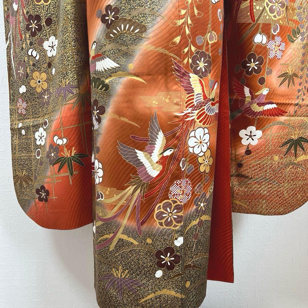 485 振袖フルセット 正絹 赤茶 テラコッタ 金彩 駒刺繍 暈し染め