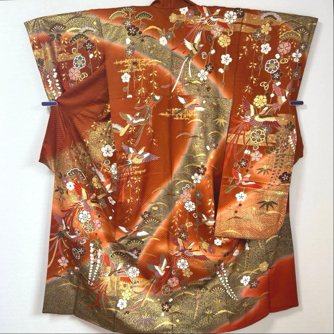 485 振袖フルセット 正絹 赤茶 テラコッタ 金彩 駒刺繍 暈し染め