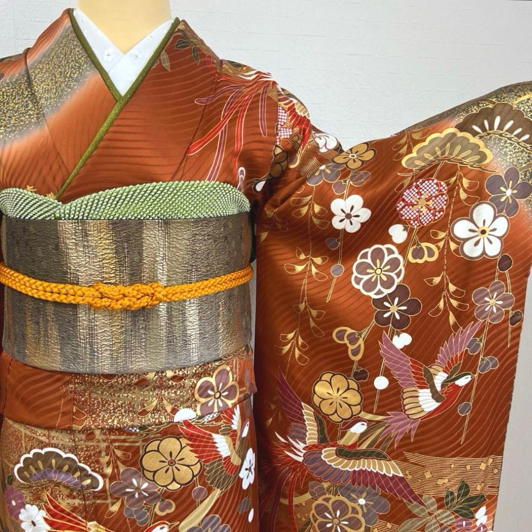 485 振袖フルセット 正絹 赤茶 テラコッタ 金彩 駒刺繍 暈し染め