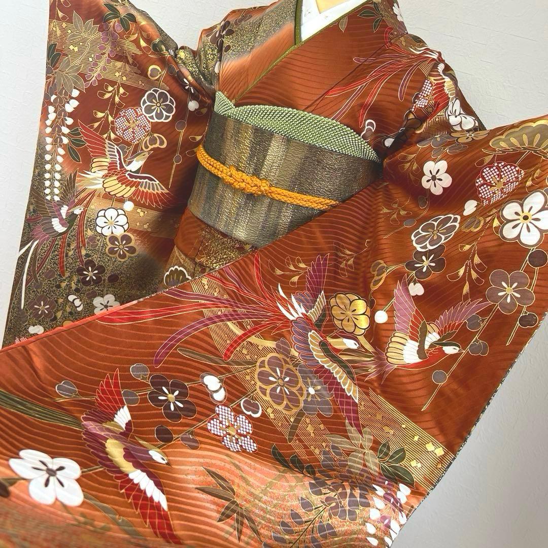 485 振袖フルセット 正絹 赤茶 テラコッタ 金彩 駒刺繍 暈し染め