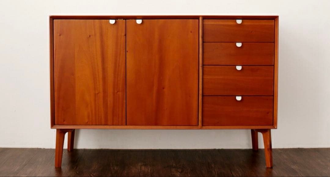 北欧風リビングキャビネット 引き出し 扉付き 脚付き 幅110マホガニー