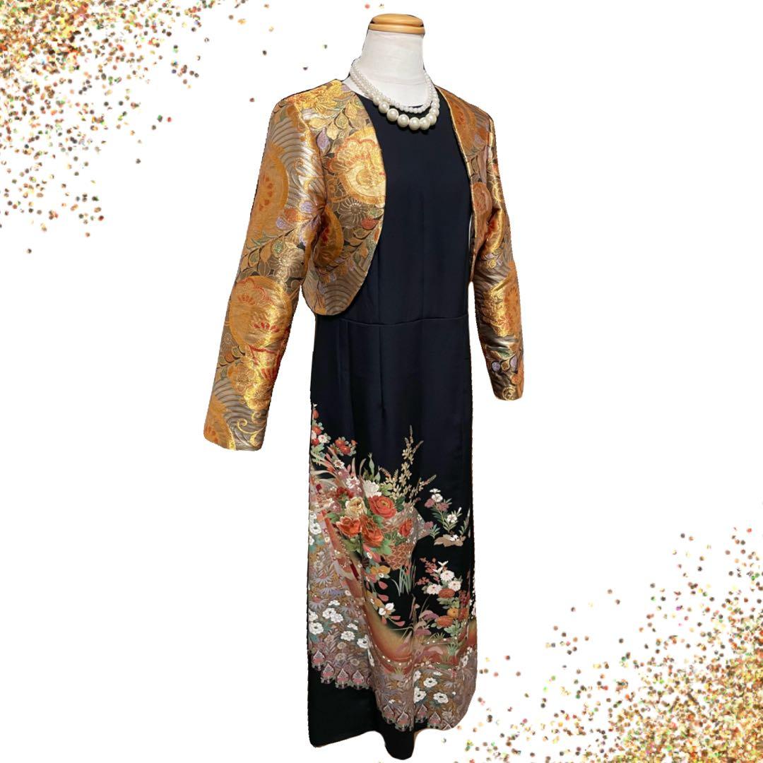 No.2604 着物 帯リメイクボレロ 黒留袖ドレス　ハンドメイド 袋帯 結婚式