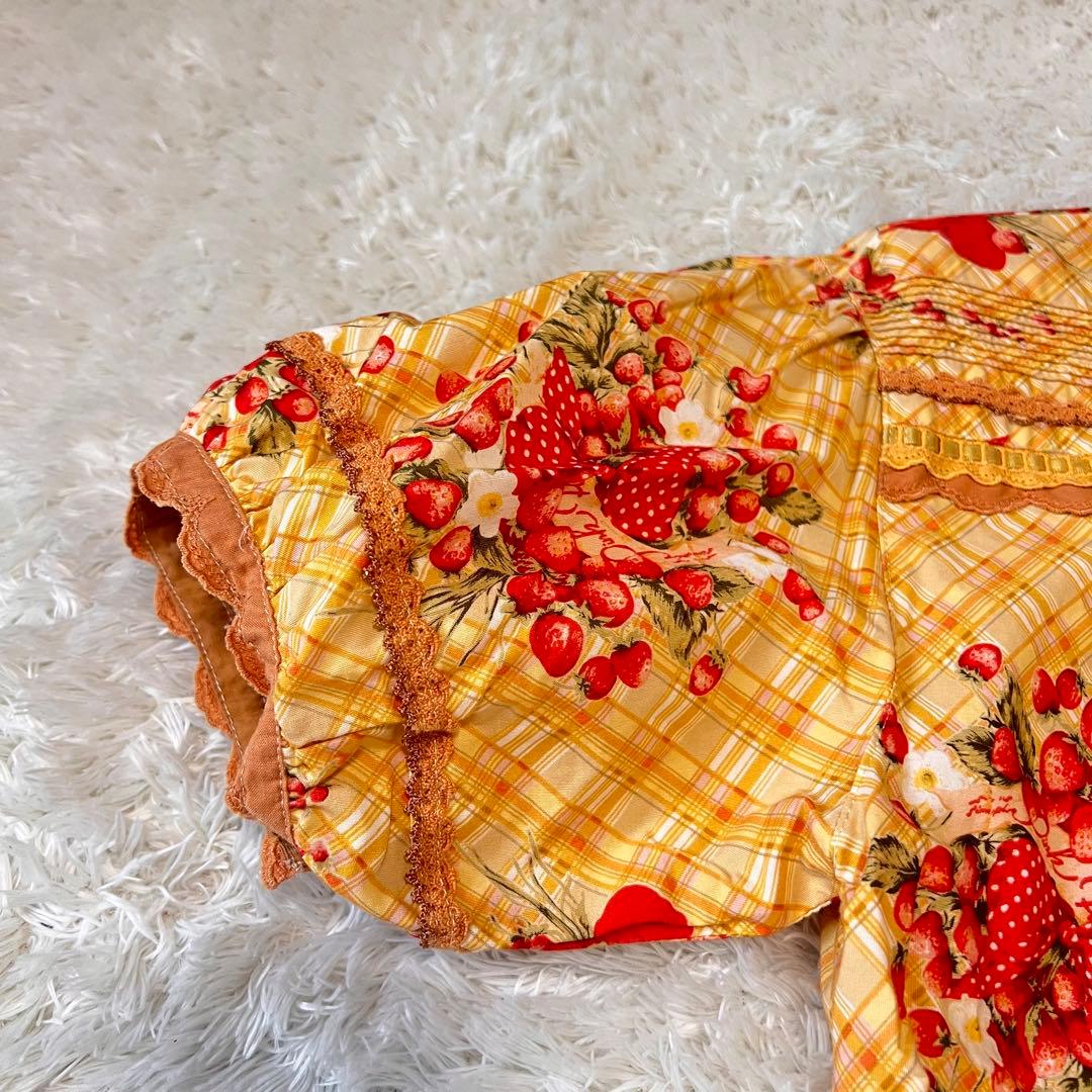 美品 ピンクハウス 苺ブーケ チェック柄 ワンピース サテンリボン はしごレース