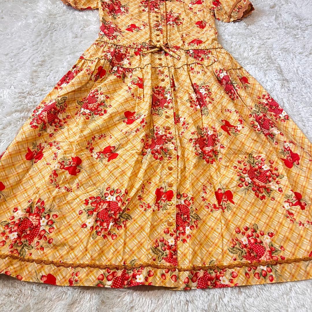 美品 ピンクハウス 苺ブーケ チェック柄 ワンピース サテンリボン はしごレース