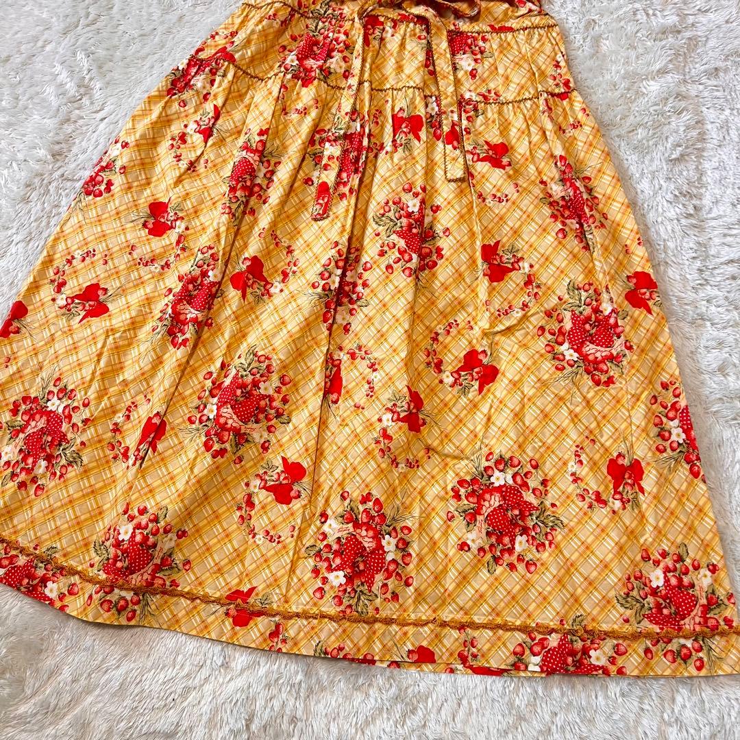 美品 ピンクハウス 苺ブーケ チェック柄 ワンピース サテンリボン はしごレース