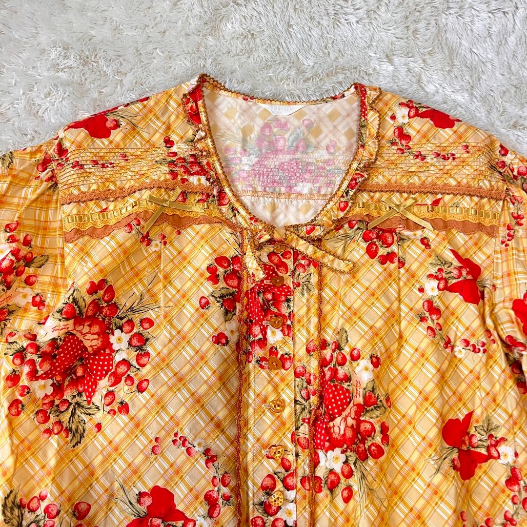 美品 ピンクハウス 苺ブーケ チェック柄 ワンピース サテンリボン はしごレース