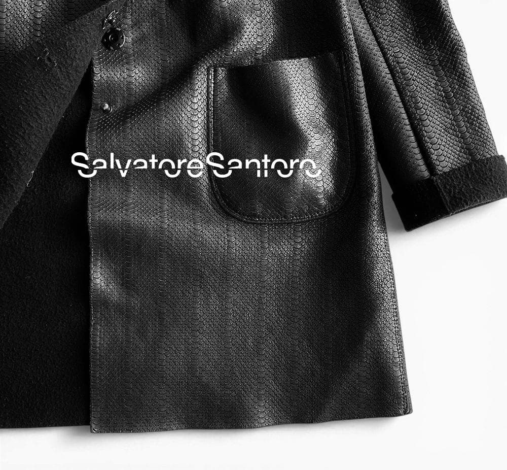 美品サルヴァトーレ・サントロ 比翼ラムレザーパイソン型押し裏ウールロングコート黒