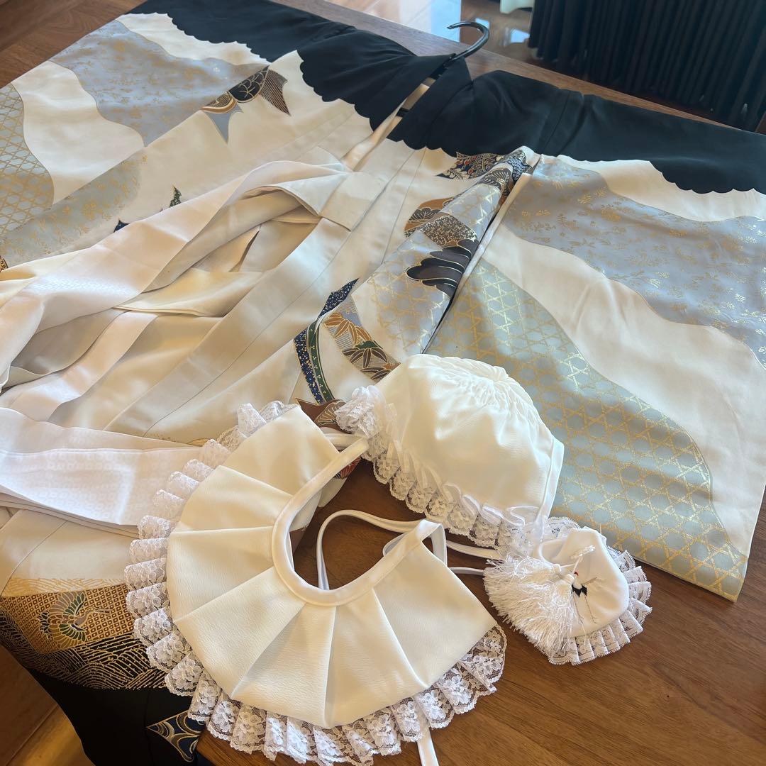 鷹　正絹　男の子お宮参り着物　産着長襦袢付き　スタイ　帽子