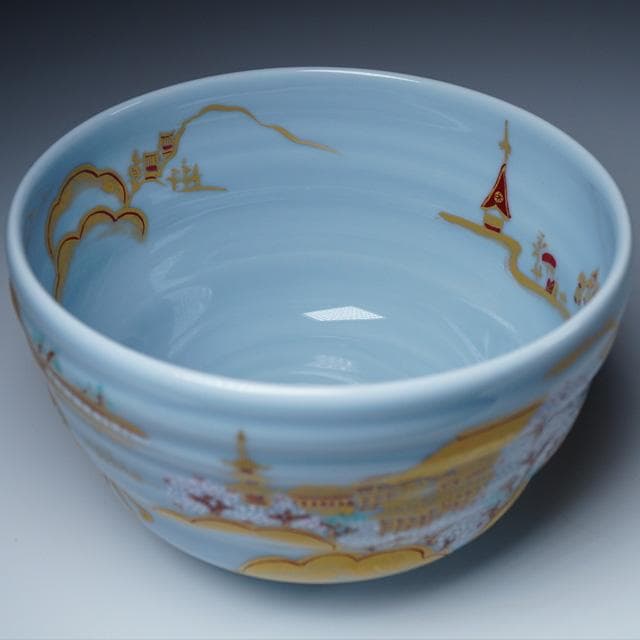 林淡幽　藍彩美也古八景茶碗　共箱　都八景　京都　茶道具　京焼　五山窯