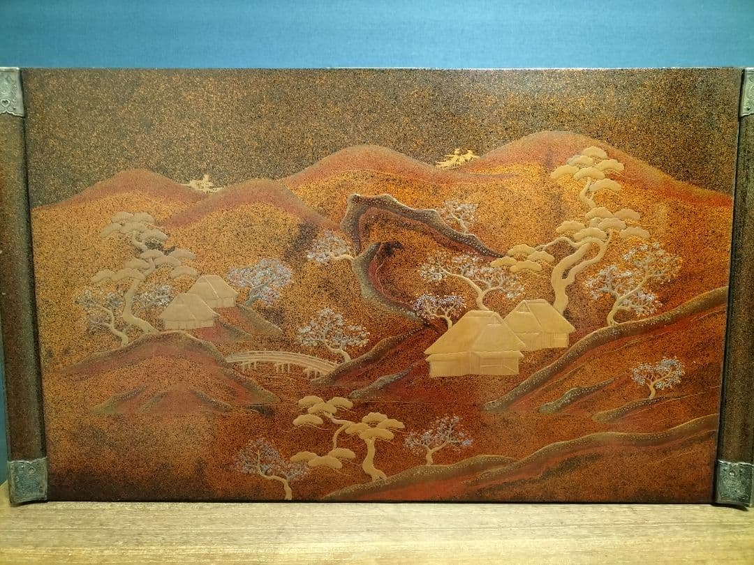 日本伝統工芸　花台　飾り台　　　　梨地　蒔絵　螺鈿　山水図　木彫　共箱付　希少