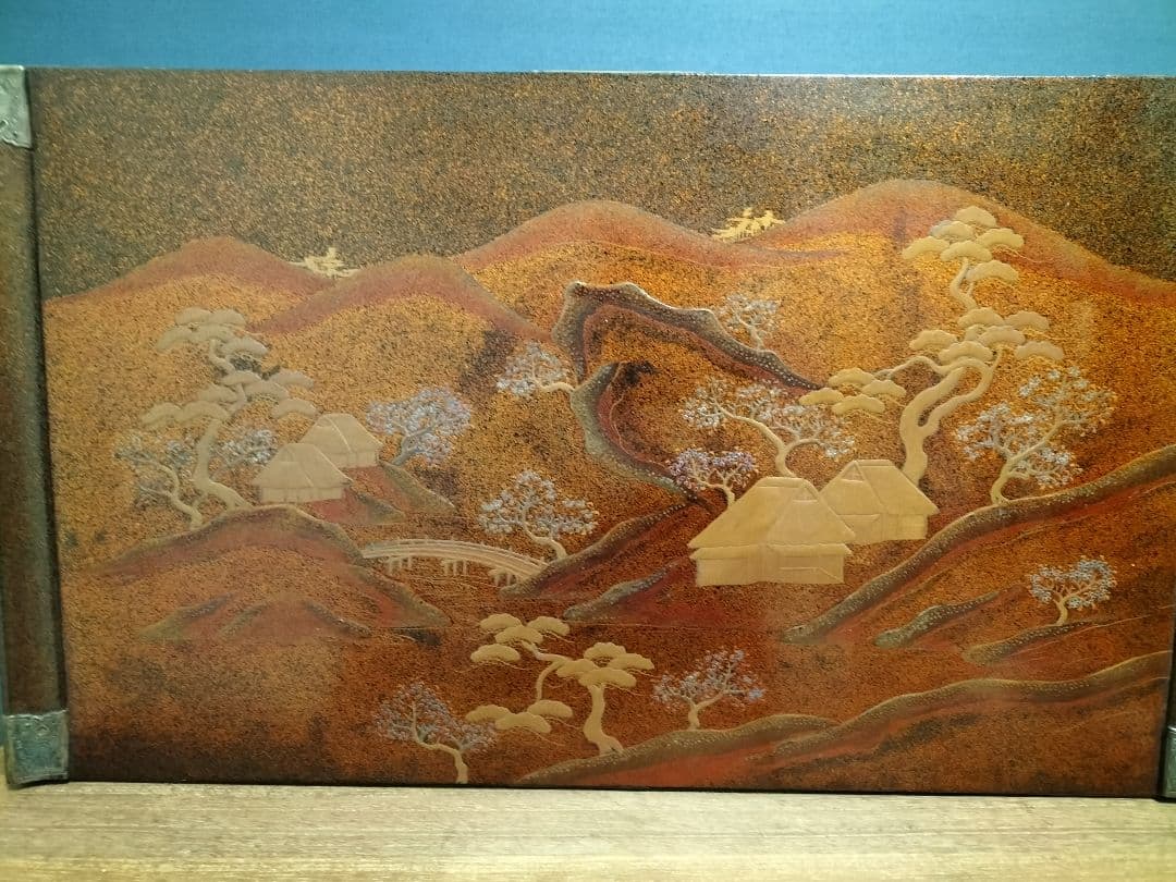 日本伝統工芸　花台　飾り台　　　　梨地　蒔絵　螺鈿　山水図　木彫　共箱付　希少