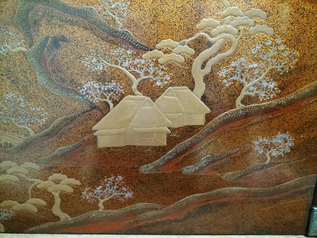 日本伝統工芸　花台　飾り台　　　　梨地　蒔絵　螺鈿　山水図　木彫　共箱付　希少