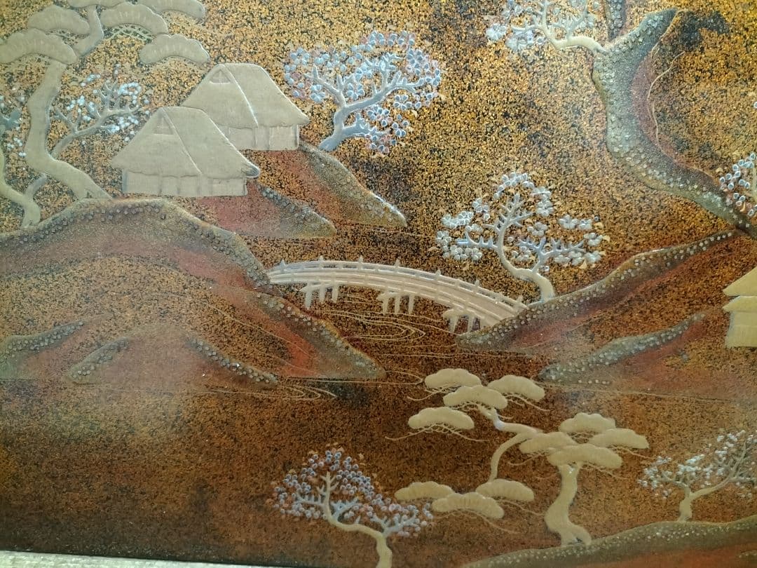 日本伝統工芸　花台　飾り台　　　　梨地　蒔絵　螺鈿　山水図　木彫　共箱付　希少