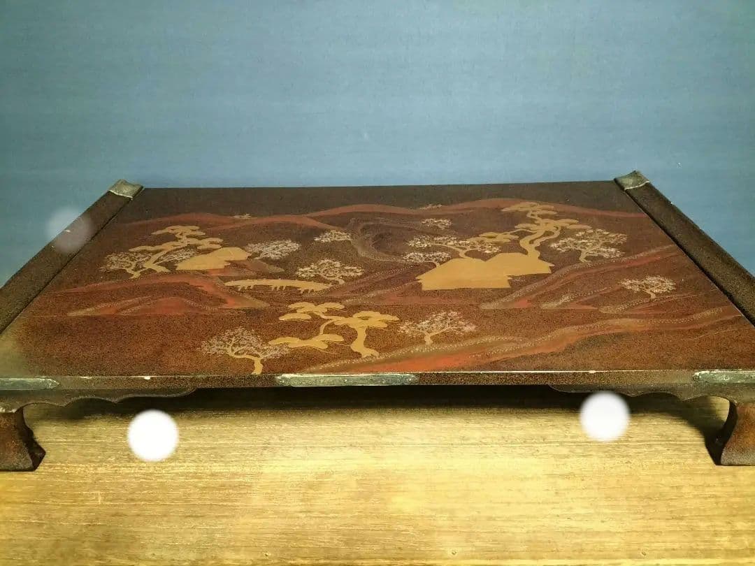 日本伝統工芸　花台　飾り台　　　　梨地　蒔絵　螺鈿　山水図　木彫　共箱付　希少