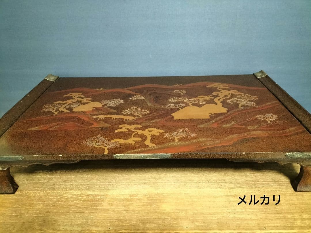 日本伝統工芸　花台　飾り台　　　　梨地　蒔絵　螺鈿　山水図　木彫　共箱付　希少