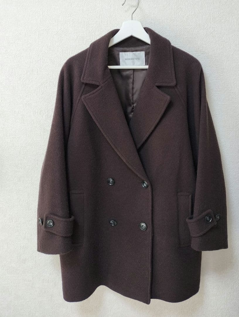 ダブルブレストフォルムミドルコート　ブラウン