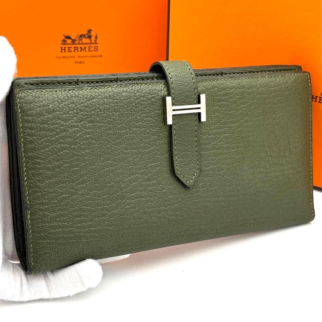☆美品☆箱付☆エルメス べアンスフレ シェーブルミゾール 二つ折り長財布 カーキ