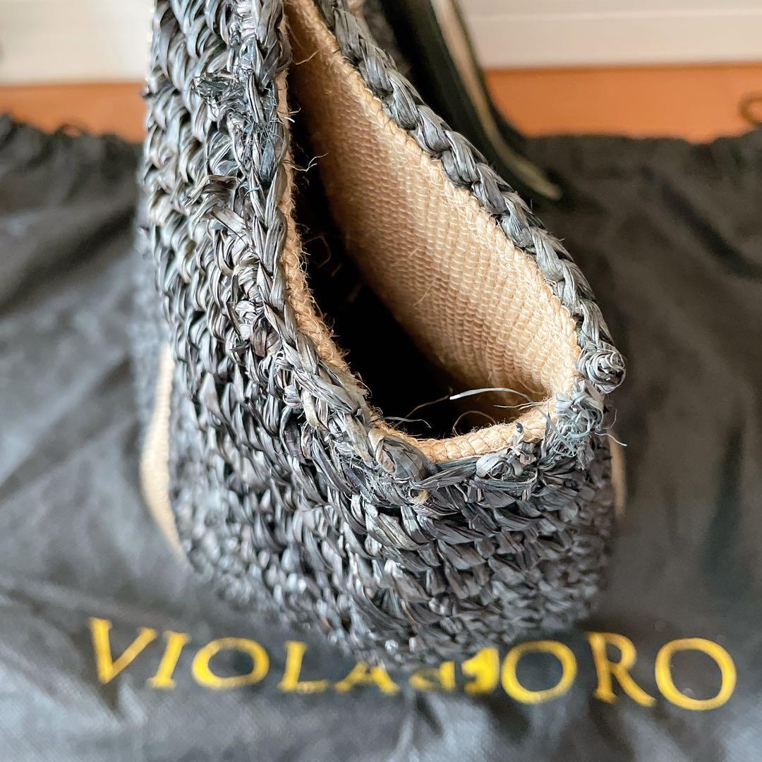 ヴィオラドーロ　かごバッグ　ラフィア　レザー　ブラック×ゴールド