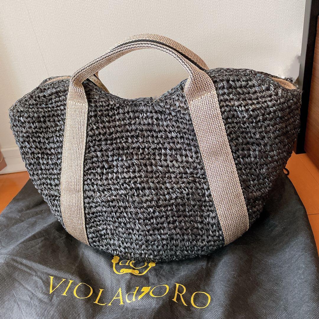 ヴィオラドーロ　かごバッグ　ラフィア　レザー　ブラック×ゴールド