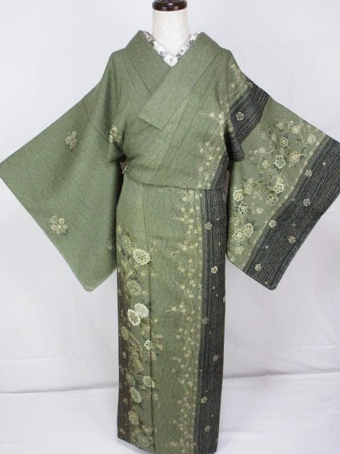 ロミ新古品！ふくれ織＊花唐草＆タテ柄＊松葉色＊紋無し訪問着１６０ｃｍ裄６５